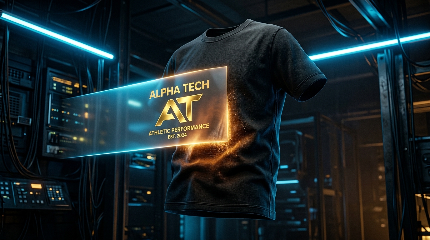Playera negra suspendida con gráficos DTF impresos con luz azul de fondo